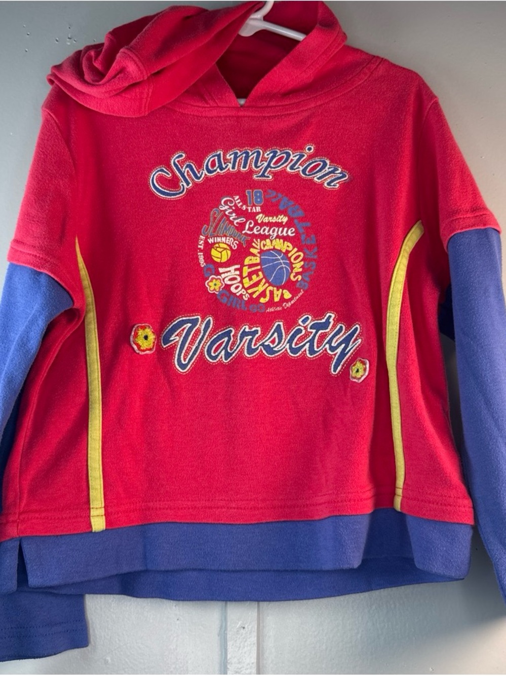 Vintage. Jerzees Red and Purple Varsity Hoodie with Yellow Trim